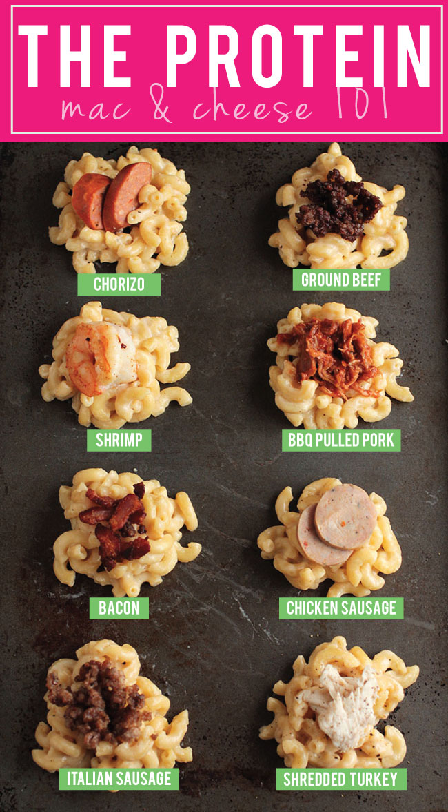 Six piles of mac and cheese on a dark sheet pan, each topped with a different protein.