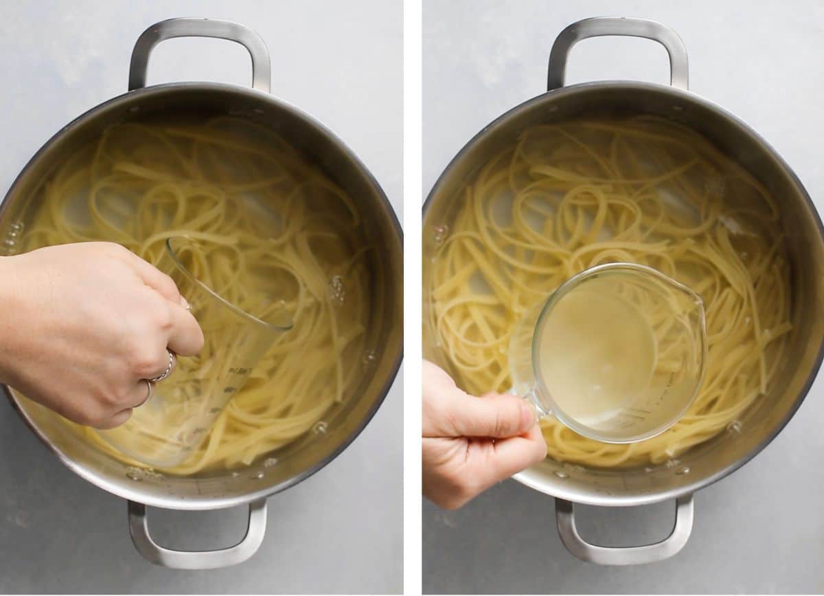 Reserving pasta water from a pot of fettuccine.