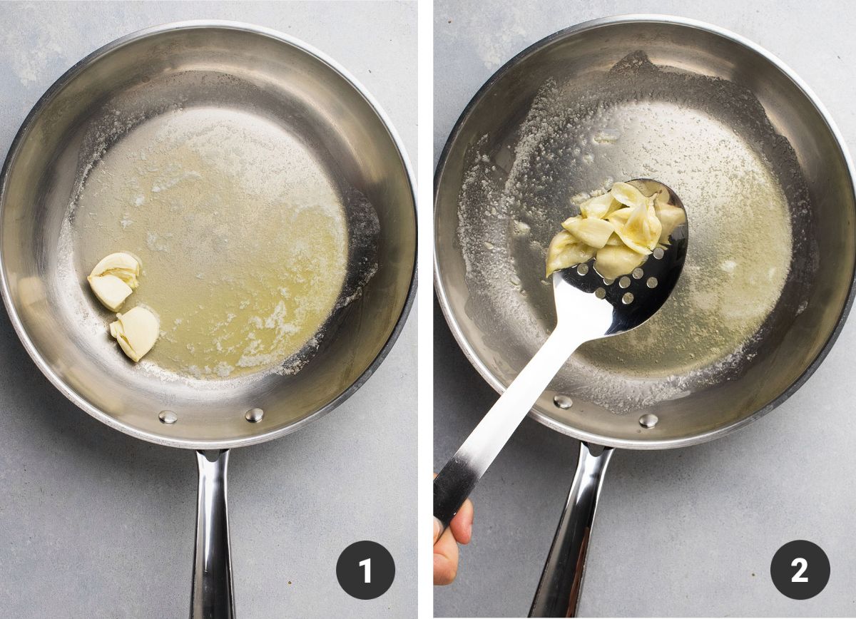 Cooking garlic in a skillet with melted butter.