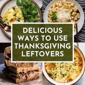 Graphic with four photos of recipes that use Thanksgiving leftovers.