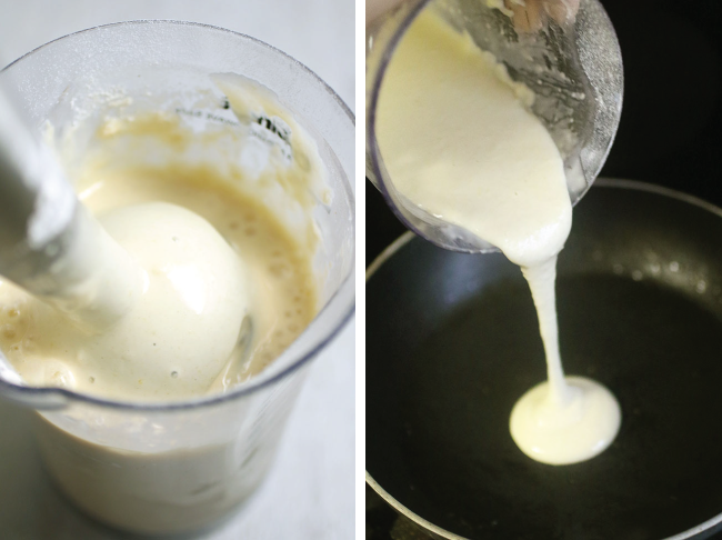 Pouring pancake batter into a small skillet.
