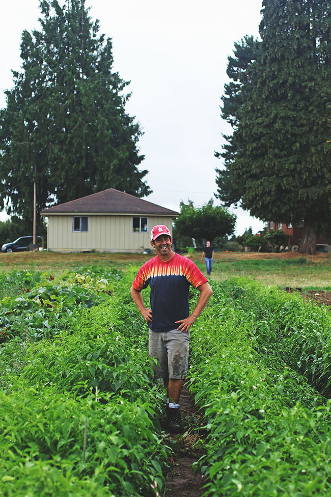 Paul stands in the middle of a row of vegetables on the farm.