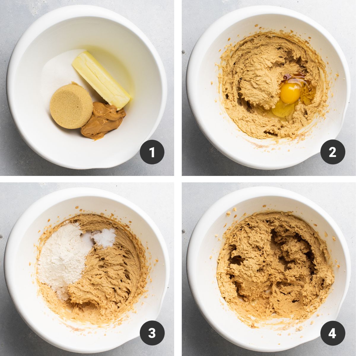 Butter, peanut butter, and sugars in a white mixing bowl.