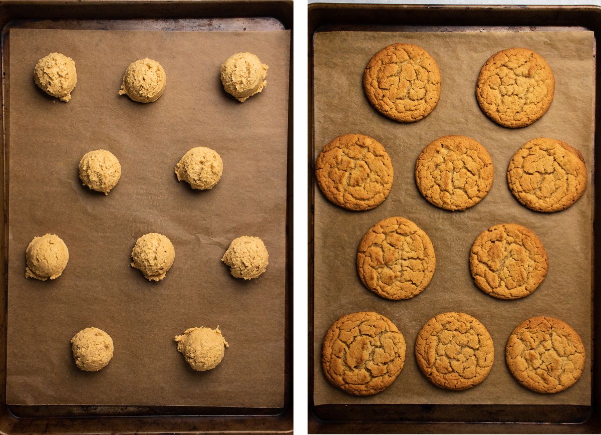 Peanut butter cookies on a baking sheet lined with parchment paper.