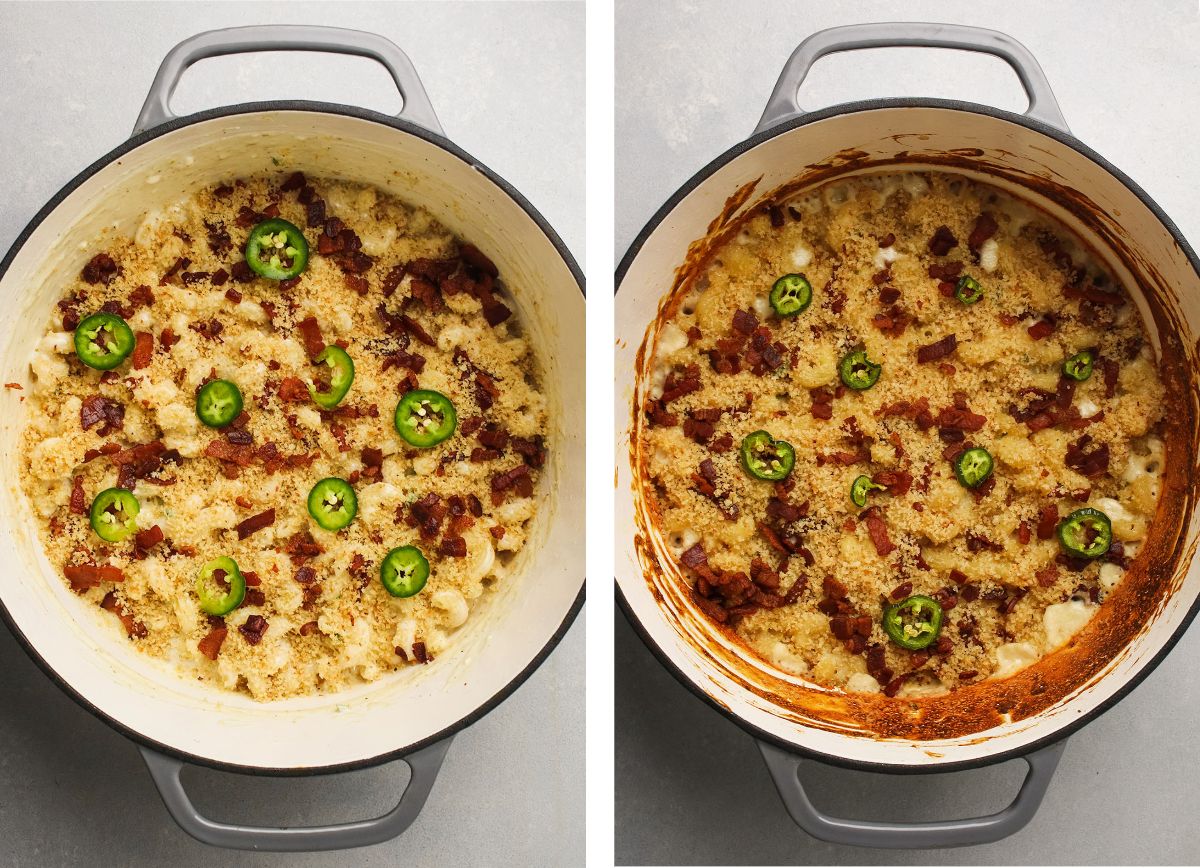 Mac and cheese in a grey dutch oven, topped with bread crumbs, bacon, and jalapeño.