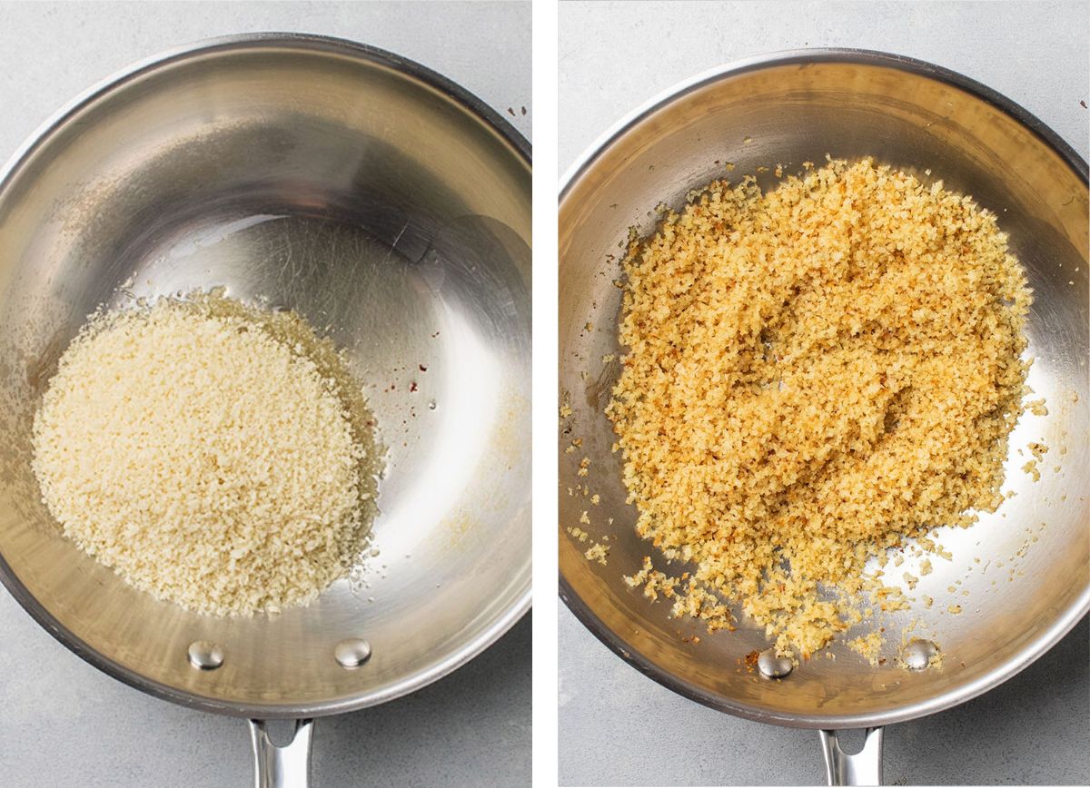 Bread crumbs being toasted in a small silver skilllet.