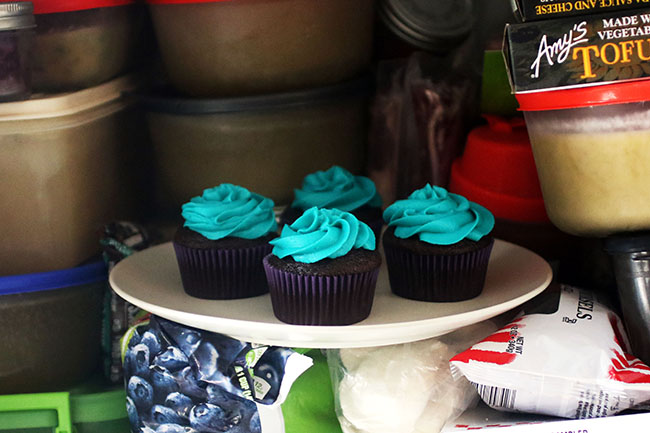 A plate of cupcakes with blue frosting, sitting in the freezer.