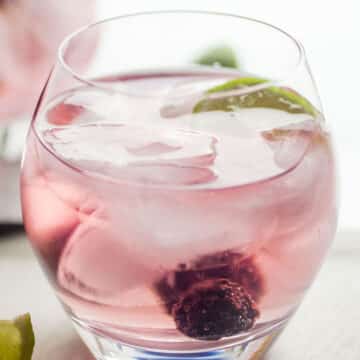 Blackberry vodka tonic garnished with lime wedge and fresh blackberries.