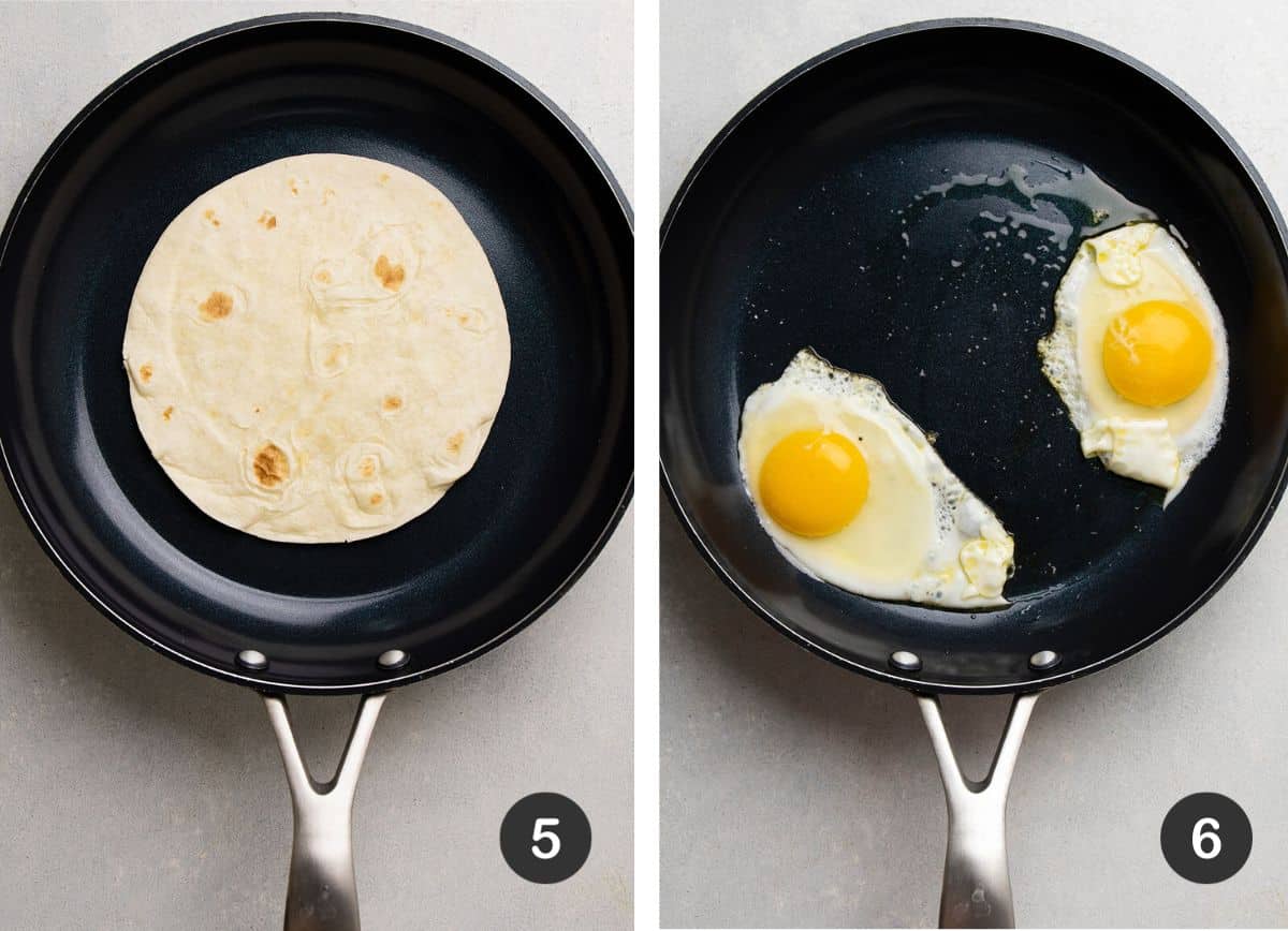 Frying eggs in a large skillet.