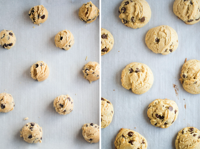 Chocolate chip cookies on a sheet pan, before and after baking.