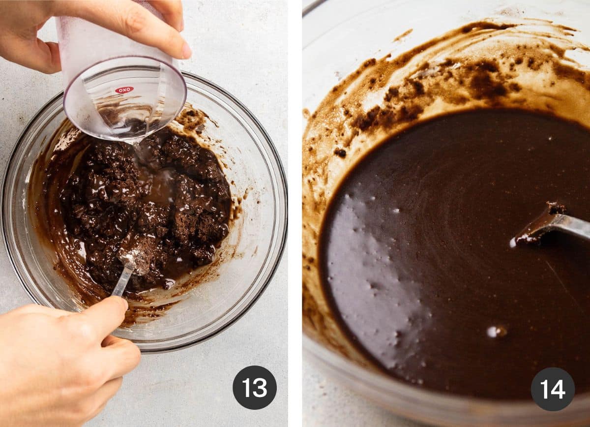 Adding hot water to chocolate glaze.