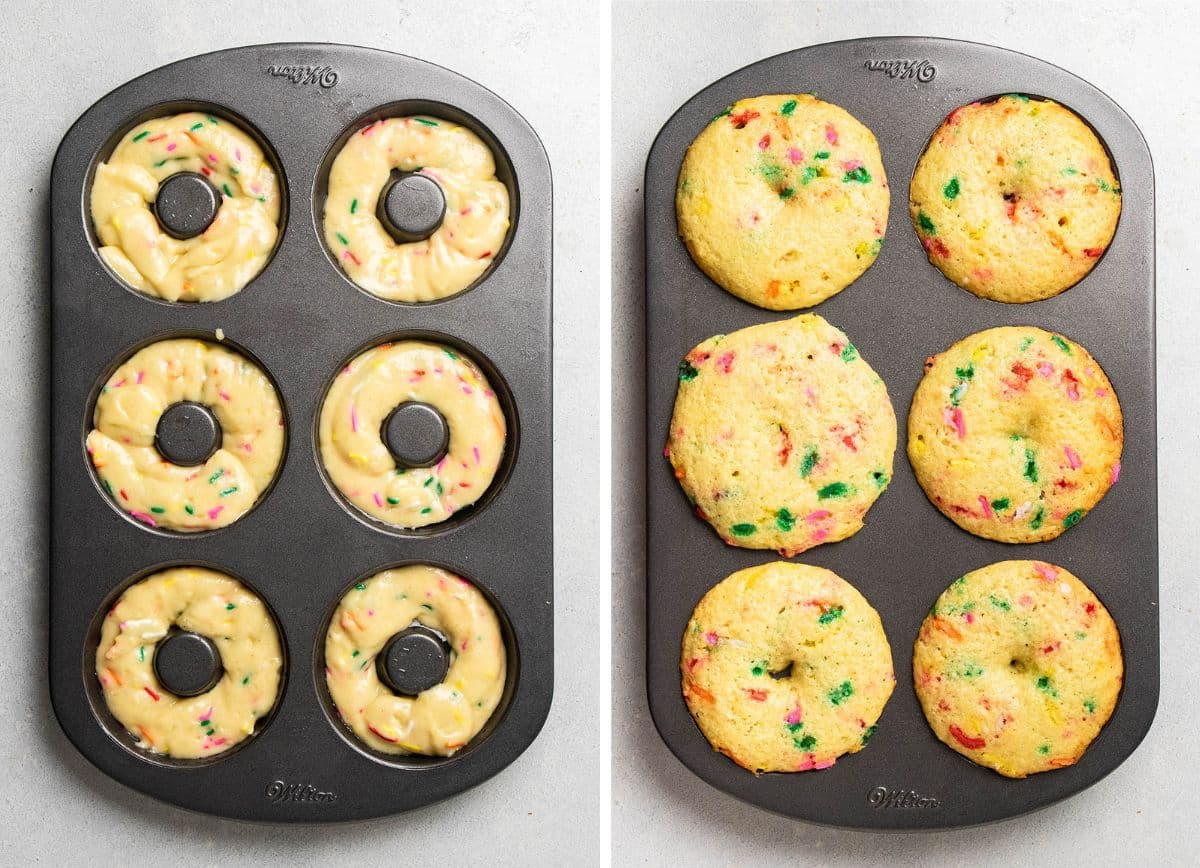 Baked donuts overflowing from the pan after adding too much batter.