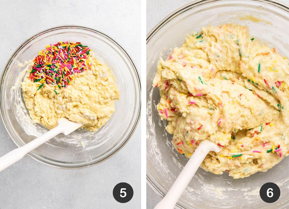 Mixing sprinkles into batter.