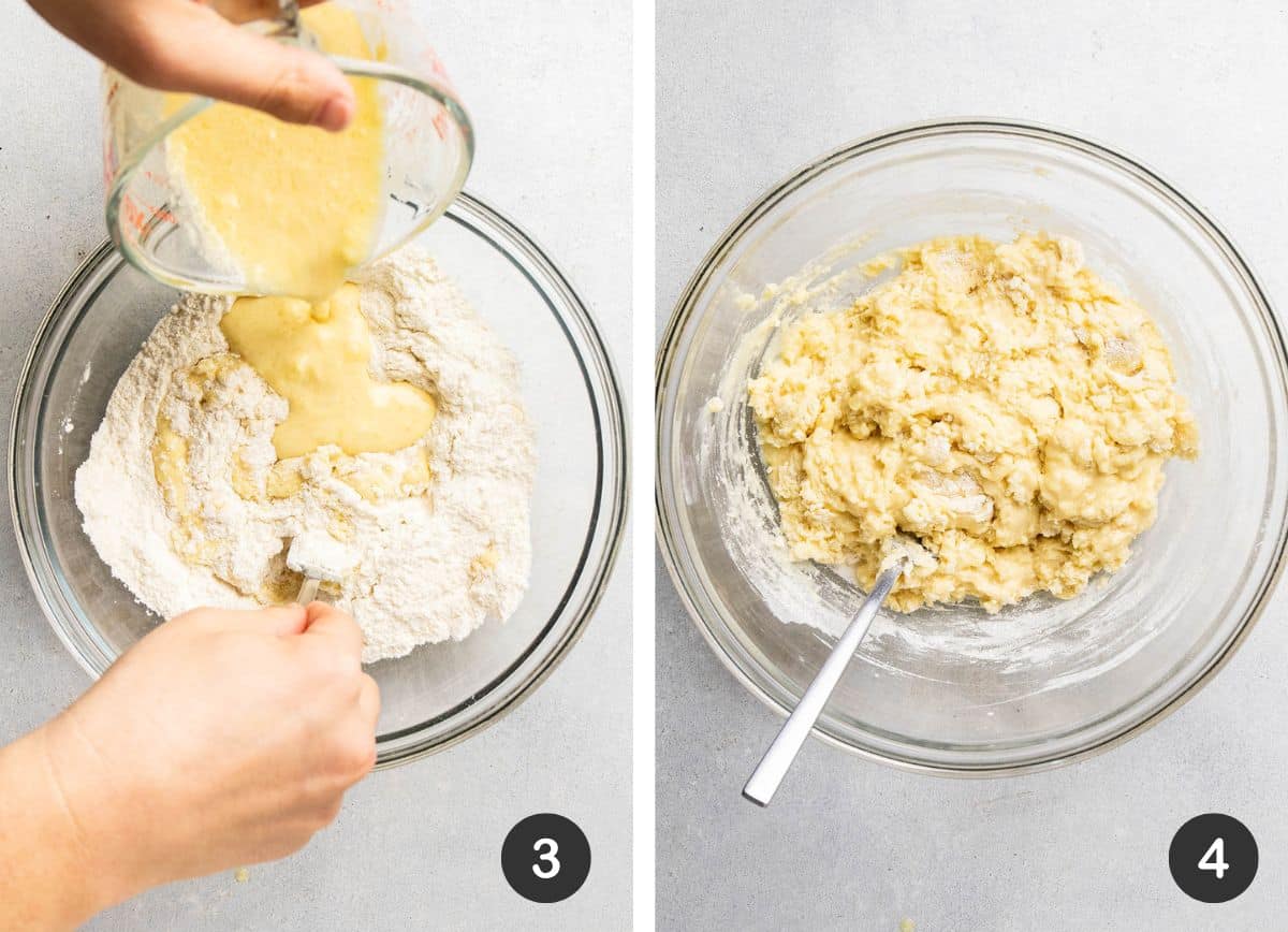 Mixing wet and dry ingredients.