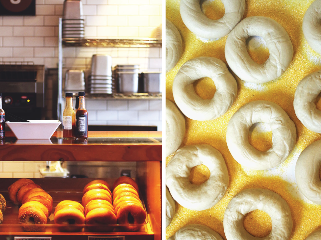 The Bowery Bagels display counter next to a tray of uncooked bagels.