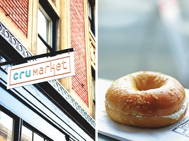 A fresh bagel sitting in the window of the Bowery Bagels store.