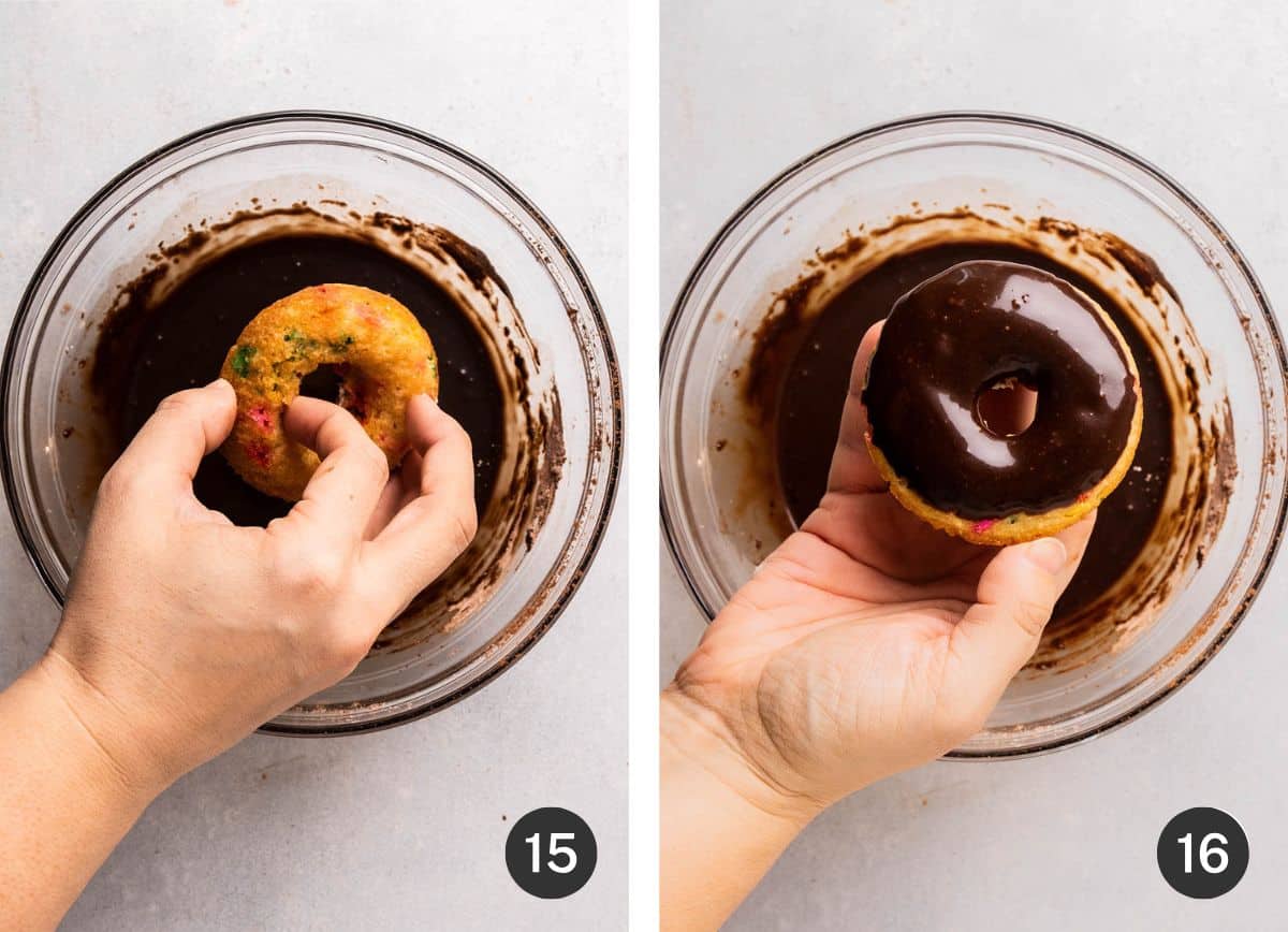 Dipping cooled donuts into chocolate glaze.