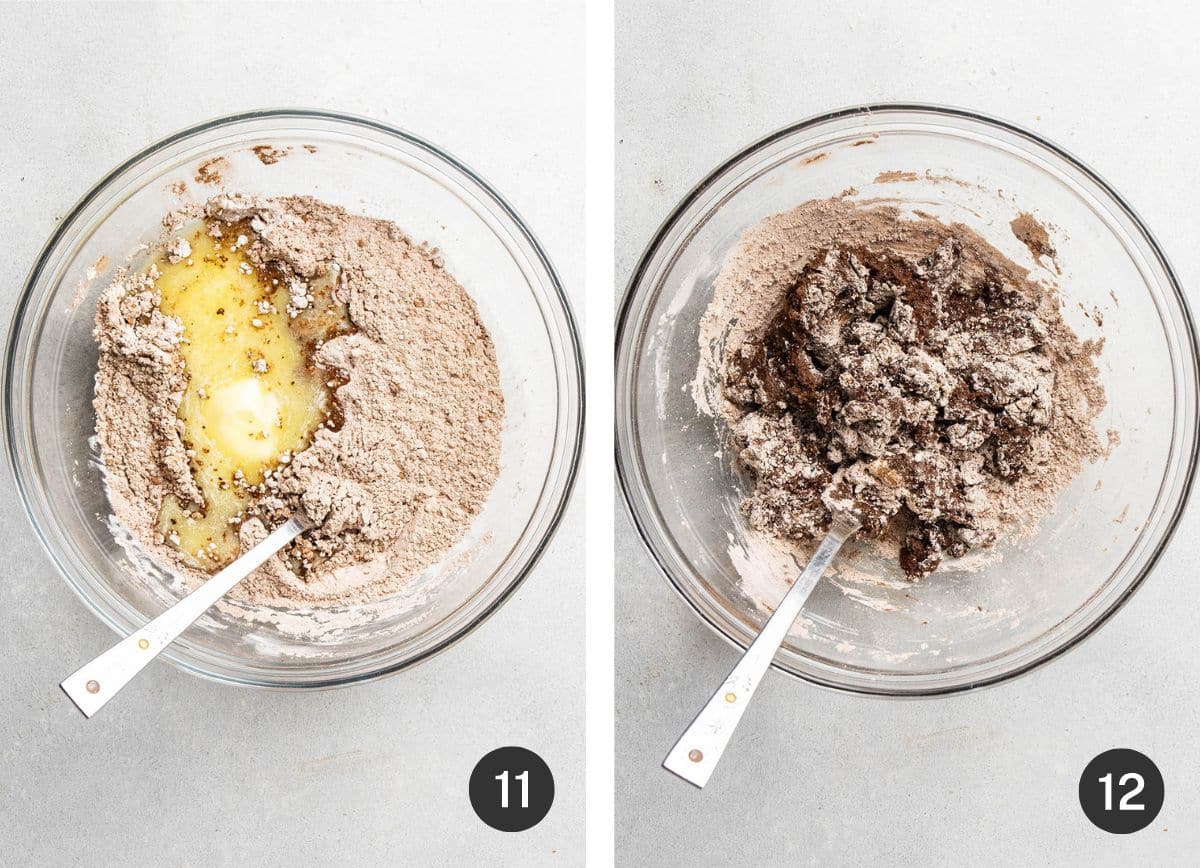 Mixing butter, powdered sugar, and cocoa powder for icing.