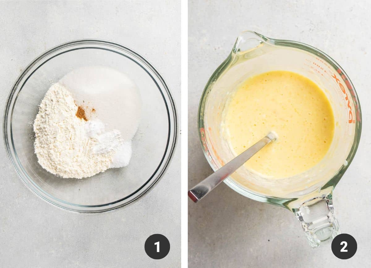 Mixing wet and dry ingredients in separate bowls.