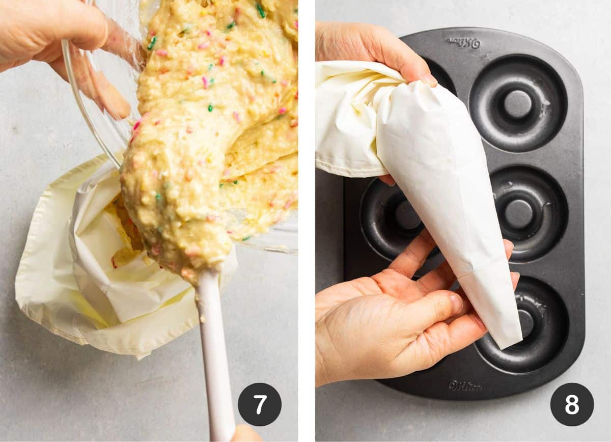 Adding donut batter to a piping bag.