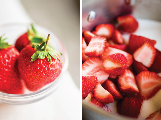Fresh strawberries in a saucepan with sugar.