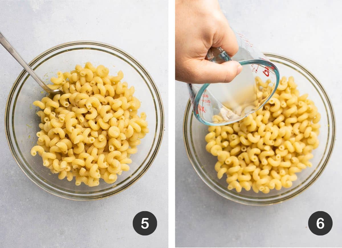 Stirring pasta water into a bowl with cooked pasta and lemon dressing.