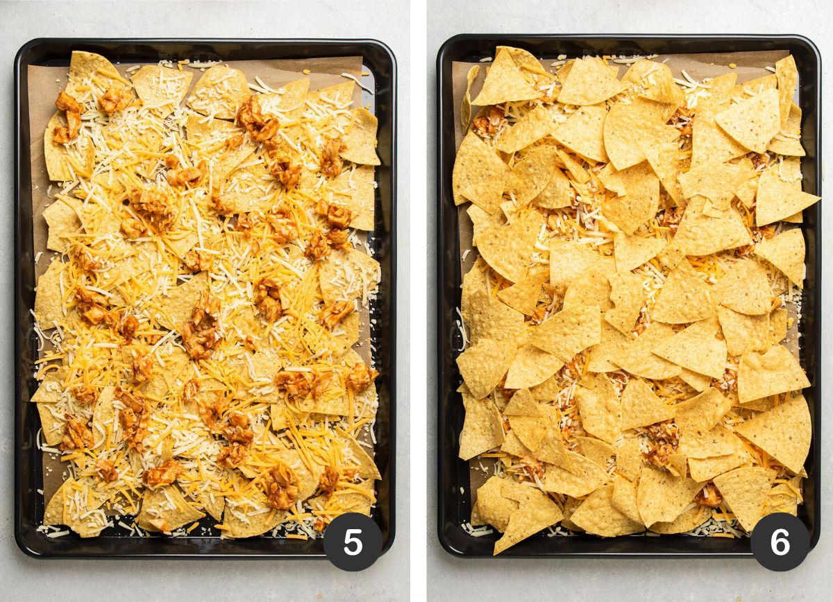 Spreading BBQ chicken over nachos.