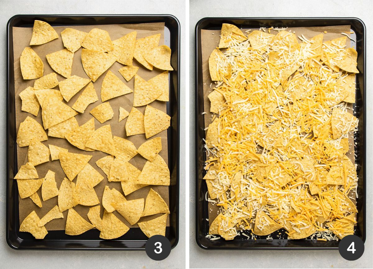 Layering tortilla chips and cheese on a large sheet pan.