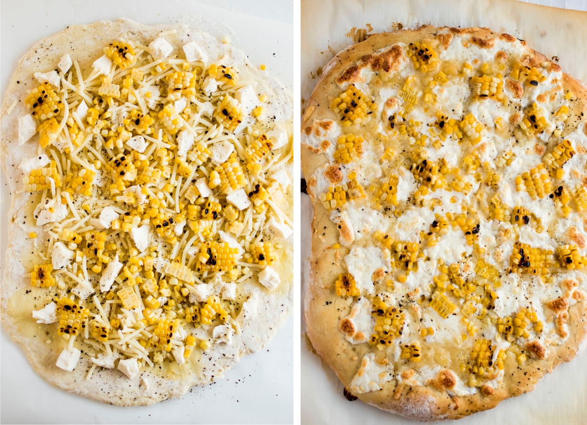 Pizza dough topped with cheeses and grilled corn kernels.