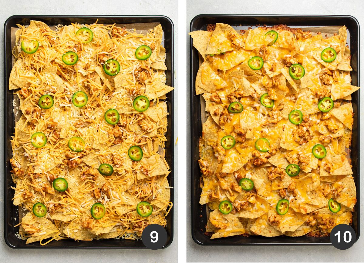 Adding sliced jalapenos to nachos.