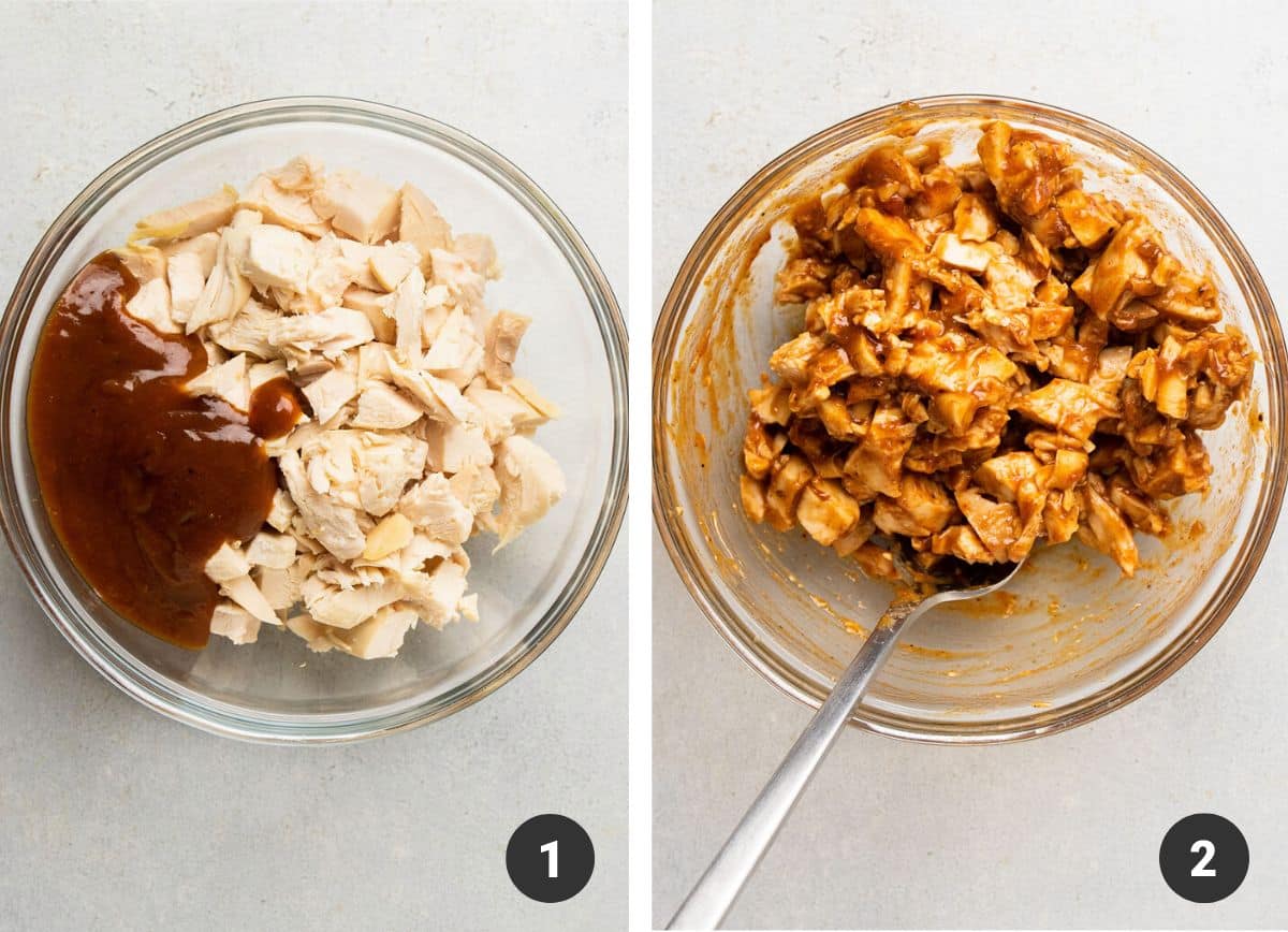 Mixing chicken and barbecue sauce.