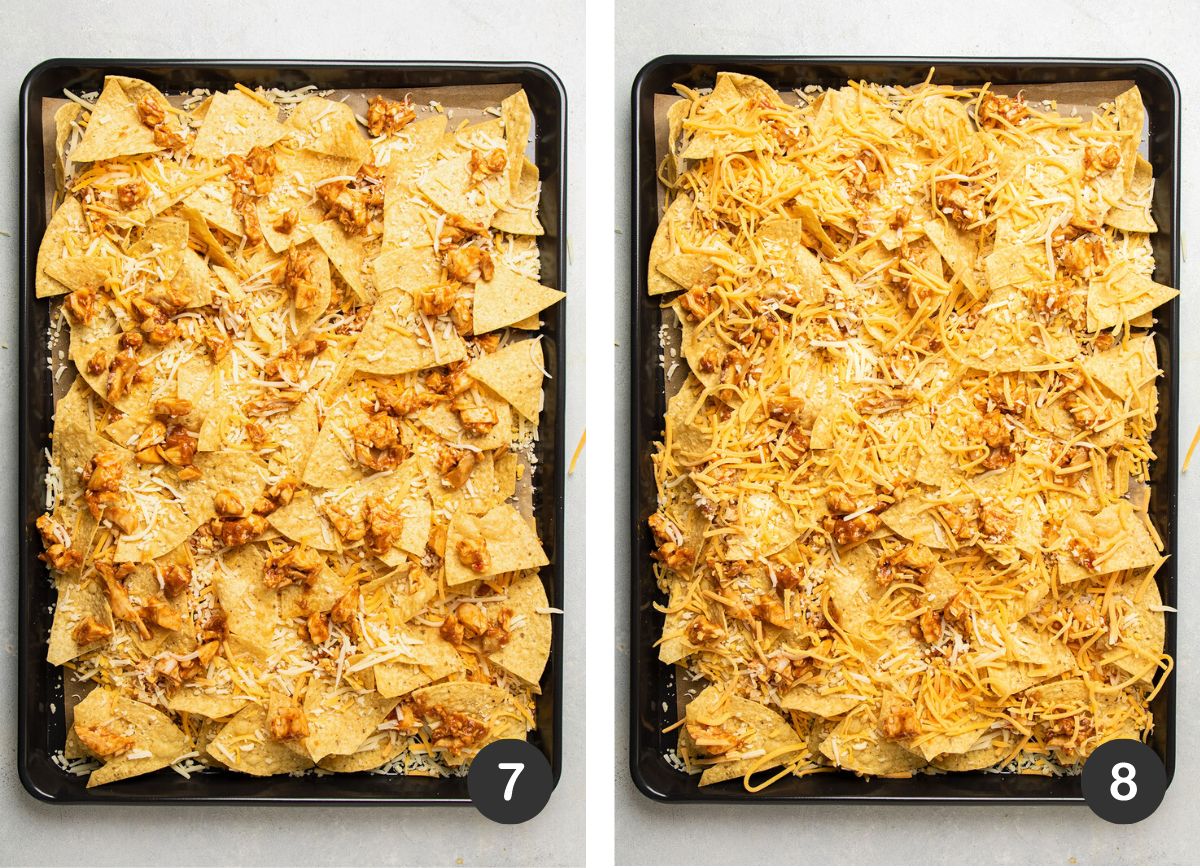 Adding a second layer of chips, cheese, and chicken.