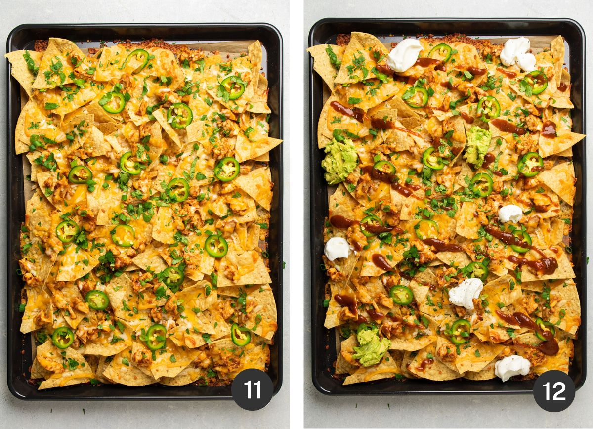 Adding cilantro, greek yogurt, and mashed avocado to nachos.