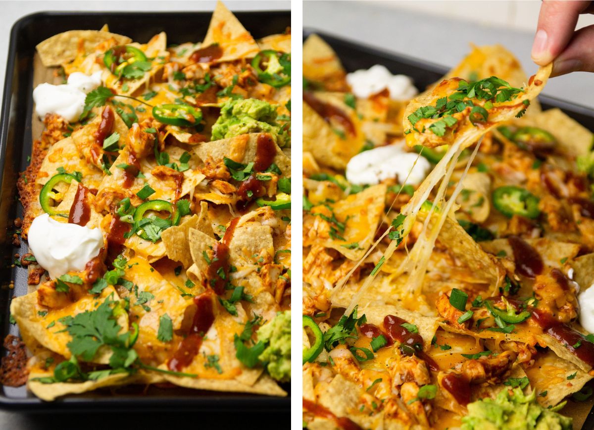 Lifting a nacho from the sheet pan.