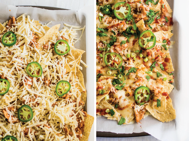 Nachos on a sheet pan, before and after being baked.
