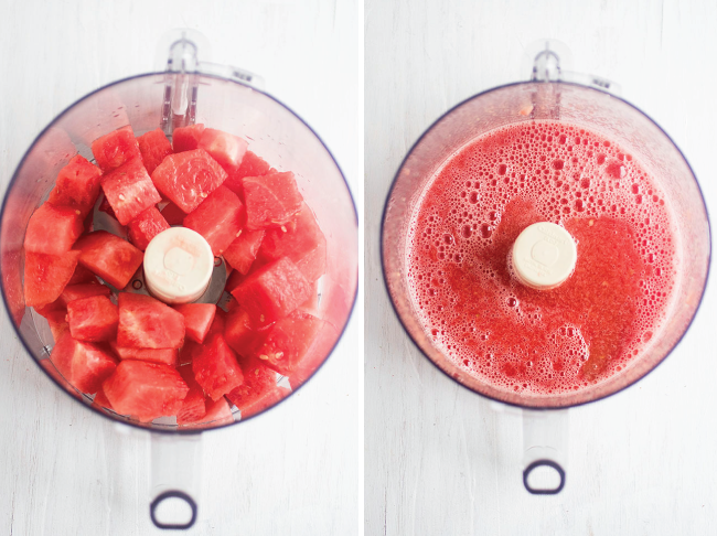 Food processor filled with cubes of watermelon.