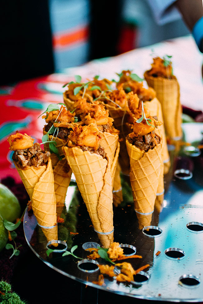 Small waffle cones filled with a savory beef mixture.