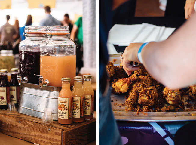 A platter of fried chicken next to two drink dispensers.