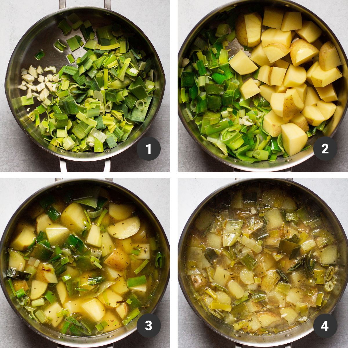 Cooking leeks and potatoes in a large pot with vegetable stock.