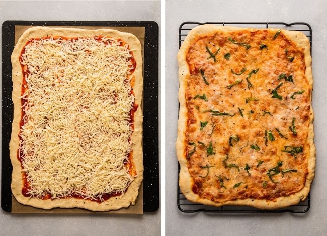 Pizza dough shaped into a large rectangle, topped with tomato sauce and mozzarella.