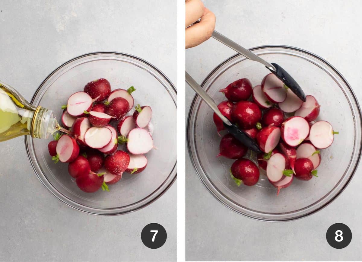Tossing radishes with salt and grapeseed oil in a glass bowl.