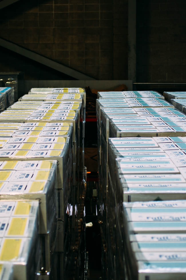 Pallets full of beer boxes in the Full Sail warehouse.