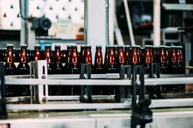 Brown beer bottles with green caps on an assembly line.