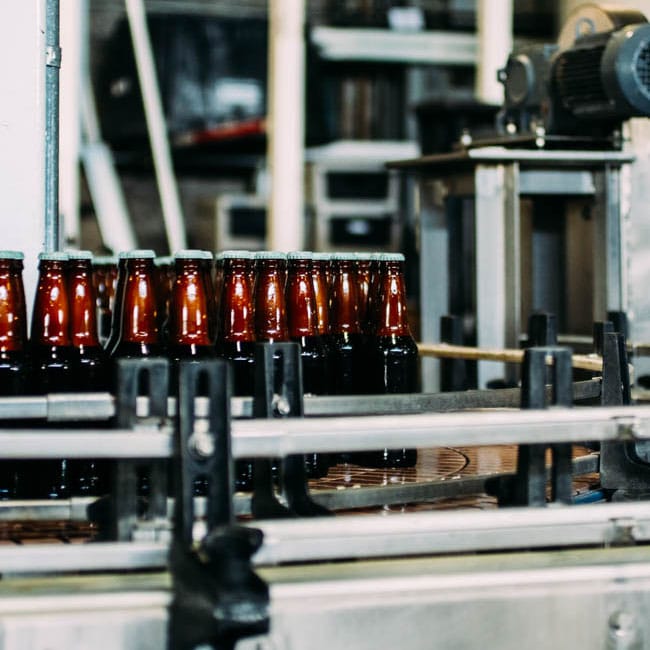 Beer bottles moving down the assembly line.