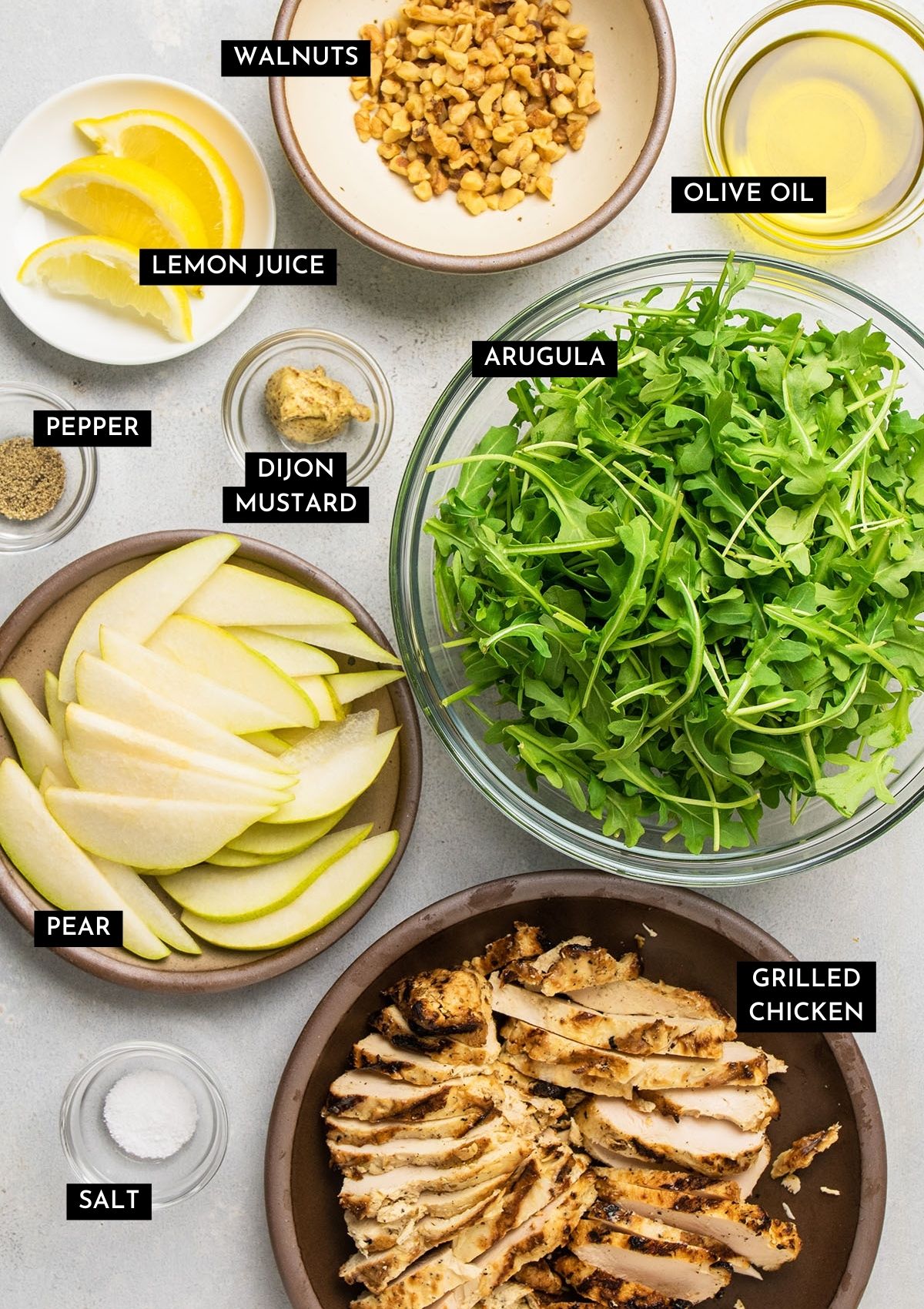 Recipe ingredients, organized into small bowls.