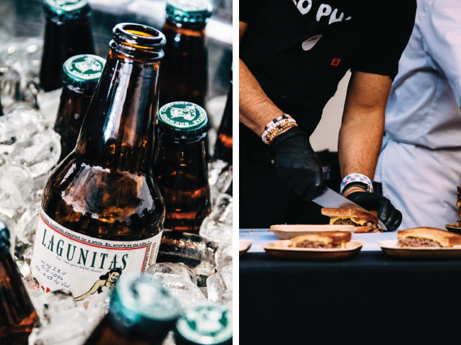 Bottles of beer next to a chef assembling sandwiches.