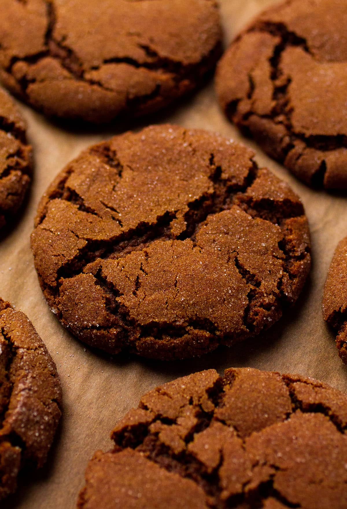 Gingersnaps on a baking sheet lined with parchment paper.