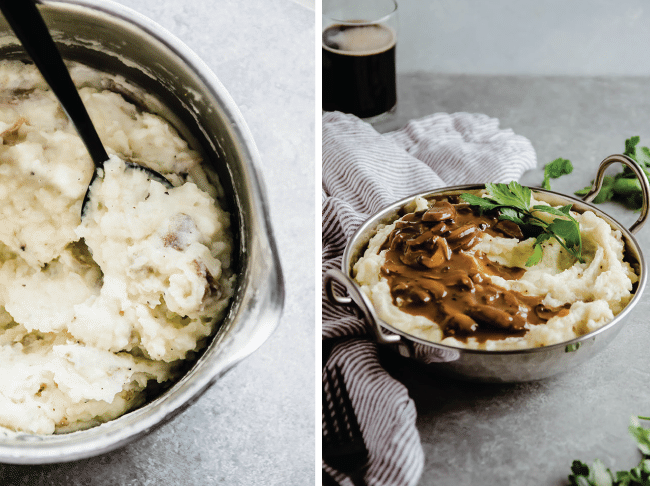 Mashed potatoes in a saucepan with a black spoon next to a small bowl of mashed potatoes topped with mushroom gravy.