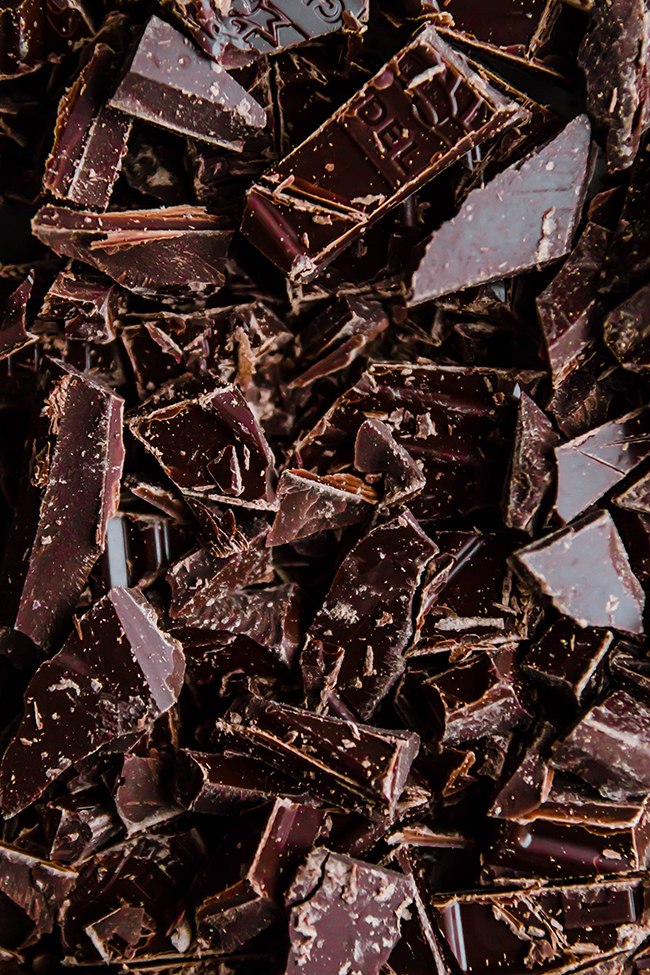 Close up of dark chocolate bars chopped into pieces.