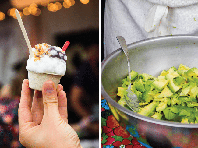 A man's hand holding a snow cone next to a bowl of mashed avocado.